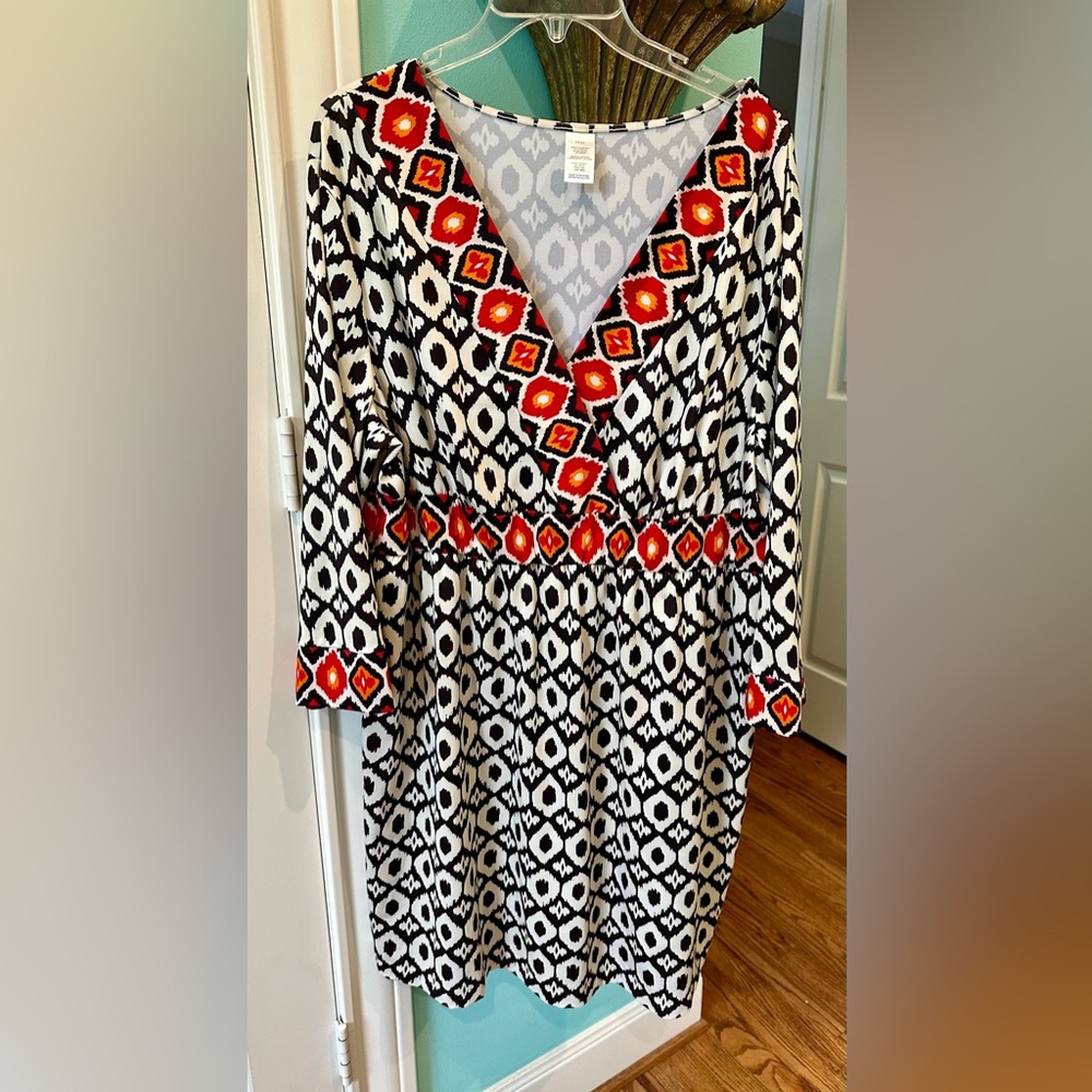 Brown and White Patterned Dress with Red Orange Accents